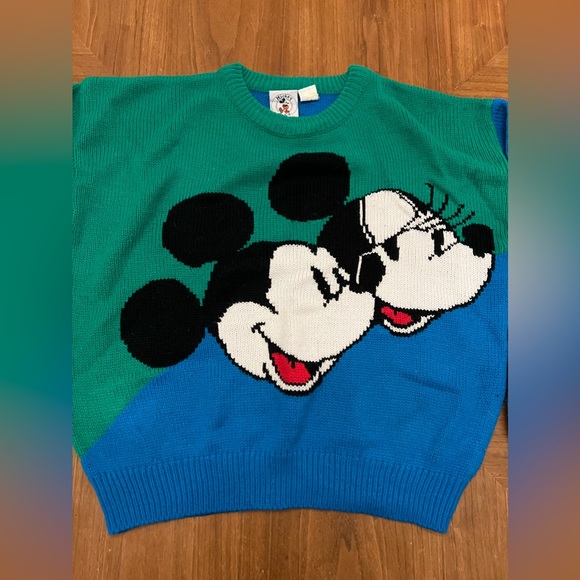 Vintage RARE Disney Green/Blue Colorblock Mickey Minnie Acrylic Sweater - Picture 2 of 9